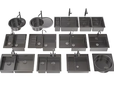 Various Types Of Modern Black Stainless Steel Kitchen Sinks With Faucets And Designs 3d model