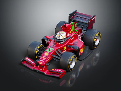 Red Ferrari Formula 1 Race Car with Shell Sponsorship Logo and Driver Helmet 3d model