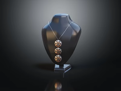 Elegant Three Round Pendant Necklace Displayed On Black Mannequin With Shiny Design 3d model