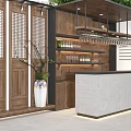 Modern Bar Counter With Wooden Shelves Hanging Wine Glasses Wine Bottles And Green Plants