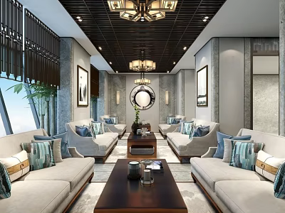 Modern Chinese Lounge Area With Sofas Blue Cushions Coffee Table Chandeliers And Decorative Paintings 3d model