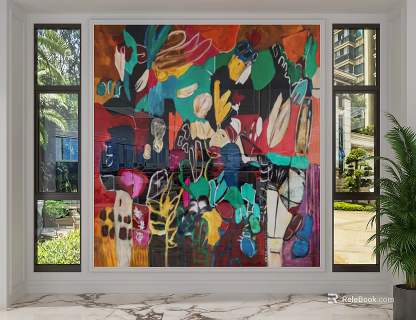 Colorful Abstract Art Wall in Modern Interior with Windows Marble Floor and Green Plants 3d model 