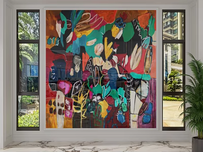 Colorful Abstract Art Wall in Modern Interior with Windows Marble Floor and Green Plants 3d model