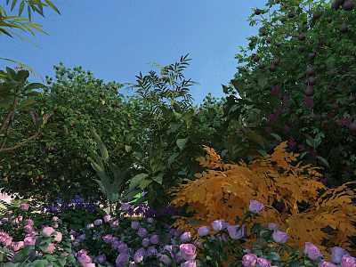 Vibrant Garden Landscape With Pink Flowers Green Trees Yellow Shrubs And Blue Sky 3d model