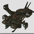 Futuristic Military Aircraft in Dark Green With Armored Details Multiple Wings And Weapon Systems