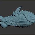 Detailed Blue Dragon Head Sculpture With Horns Eyes And Textured Surface