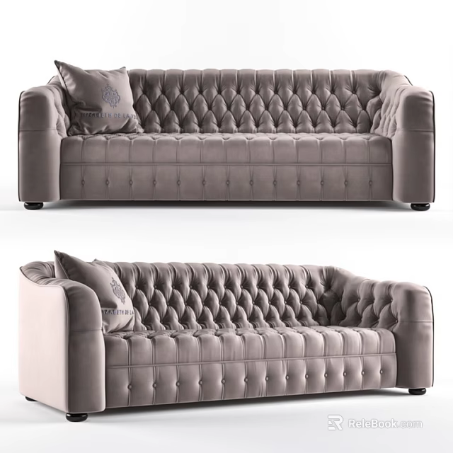 Elegant Gray Multi Person Sofa With Tufted Diamond Pattern And Decorative Pillow 3d model