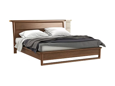 Modern Natural Wood Double Bed With Minimalist Headboard And White Gray Beddings 3d model