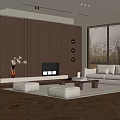 Modern Living Room With Brown Wooden Walls Fireplace Beige Sofa Coffee Table And Circular Decor