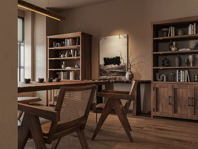 Cozy Restaurant Interior Design With Wooden Dining Table Chairs Bookshelves And Warm Tones Artwork 3d model