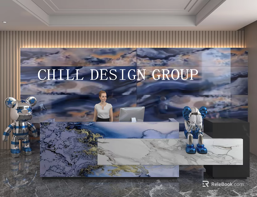 Modern Shop Front Desk With Marble Countertop Blue Robot Decorations And CHILL DESIGN GROUP Logo 3d model 