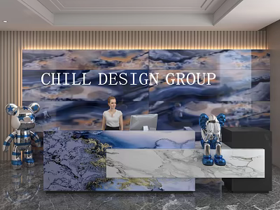 Modern Shop Front Desk With Marble Countertop Blue Robot Decorations And CHILL DESIGN GROUP Logo 3d model