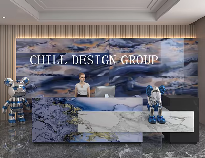 Modern Shop Front Desk With Marble Countertop Blue Robot Decorations And CHILL DESIGN GROUP Logo 3d model