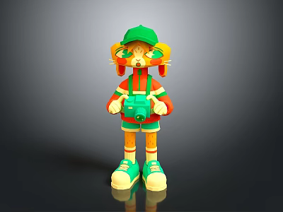 Game Movie Character Wearing Green Hat With Yellow Ears Holding Green Camera In Vibrant Outfit 3d model