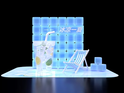 Summer Cool Themed Art Installation With Ice Block Background Refreshing Drink And Deck Chair 3d model
