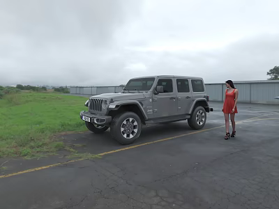 Silver Jeep Wrangler Four Door Parked Outdoor With Woman In Red Dress Near Grassy Area 3d model