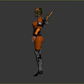 Futuristic Female Character In Orange Black Combat Suit With Green Headgear And Mechanical Wings
