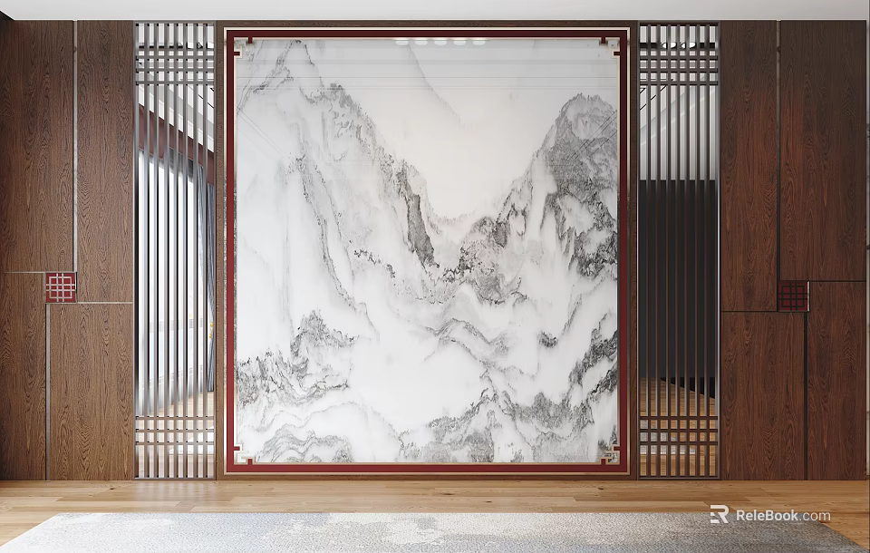 Chinese Style Marble Sofa Background Wall With Landscape Pattern And Wooden Lattice Decorations 3d model 