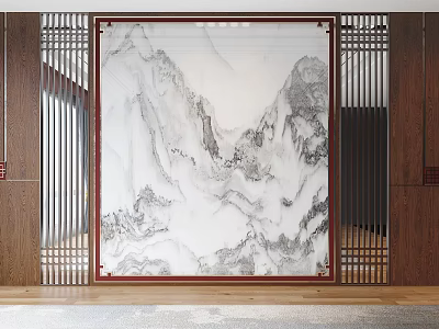 Chinese Style Marble Sofa Background Wall With Landscape Pattern And Wooden Lattice Decorations 3d model