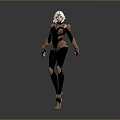 3D Rendered Female Character With Black And Gold Armor White Hair Standing In Gray Background