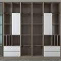 Sleek Modern Wood Bookcase Design With Open Shelves White Drawers And Glass Side Doors