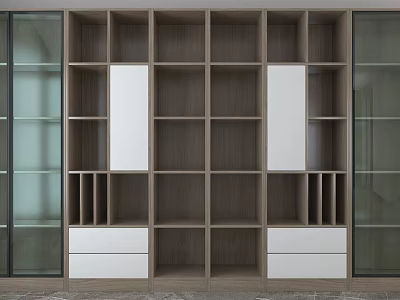 Sleek Modern Wood Bookcase Design With Open Shelves White Drawers And Glass Side Doors 3d model