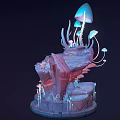 Detailed Cartoon Scene With Glowing Mushrooms Rock Platform And Colorful Fantasy Elements