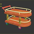 Mobile Wooden Orange Two Tier Serving Cart With Metal Railings And Wheels
