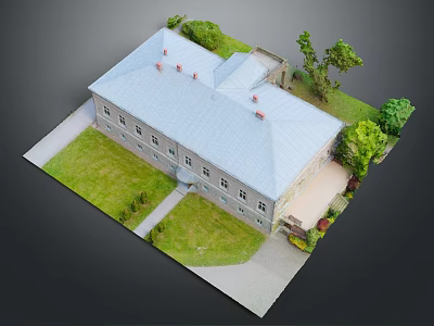 Cartoon Style Model House Scene With Gray Roof Green Lawn Trees And Pathway 3d model