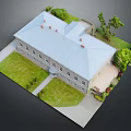 Cartoon Style Model House Scene With Gray Roof Green Lawn Trees And Pathway