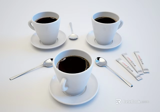 Three White Coffee Cups on Saucers with Spoons and Sugar Packets 3d model