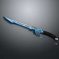 Blue Fantasy Sword With Black Grip And Intricate Decorative Blade Design