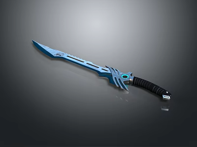 Blue Fantasy Sword With Black Grip And Intricate Decorative Blade Design 3d model