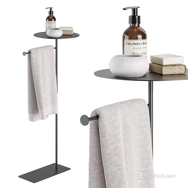 Modern Bathroom Set With Towel Rack Grey Towels Soap Bars Bath Product Bottle And Tray 3d model 