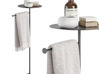 Modern Bathroom Set With Towel Rack Grey Towels Soap Bars Bath Product Bottle And Tray 3d model