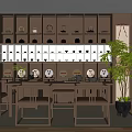 Traditional Wooden Tea Room Interior With Shelves Tea Sets Scrolls Tables And Chairs
