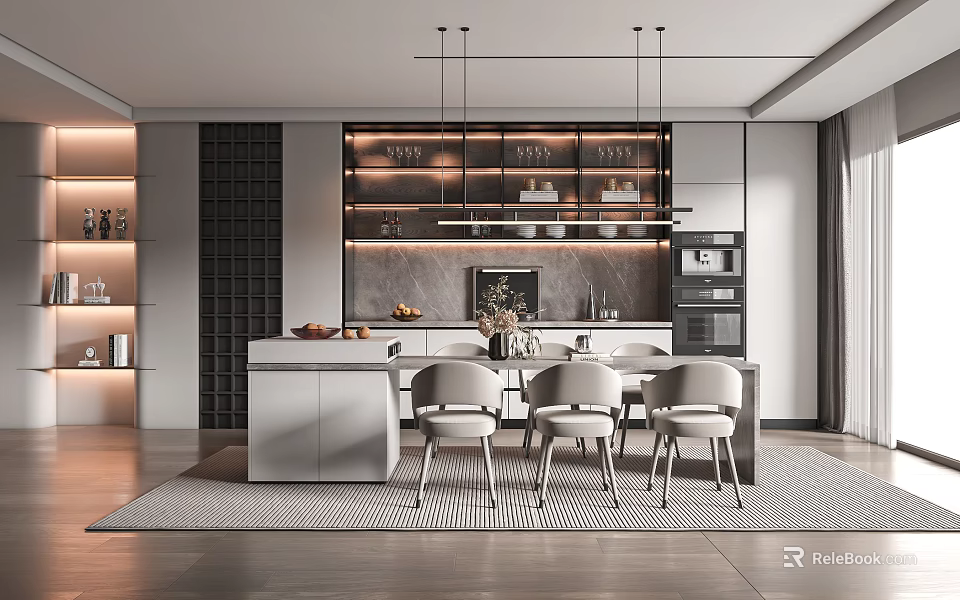 Modern Restaurant Interior Design With Open Island Pendant Lights And Dining Chairs 3d model 