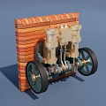 Industrial Equipment Featuring Dual Cylinders Metal Components Black Wheels And Wooden Structure Background