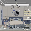 Kids Room Interior Design With Blue Gray Tones Moon Star Decorations Bookshelves And Stuffed Toys
