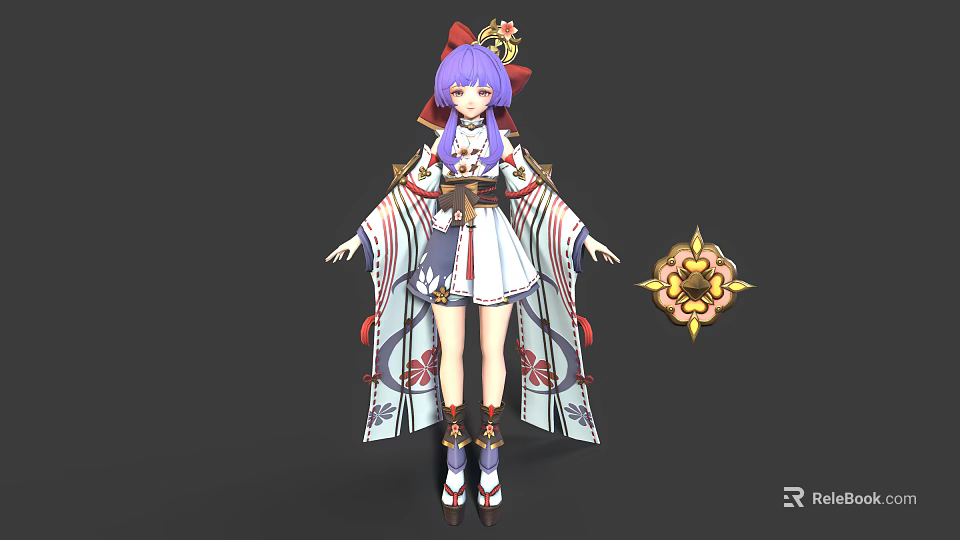 Purple Haired Anime Character In Traditional White Red Outfit With Red Bow And Dragon Badge 3d model 