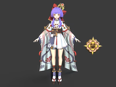 Purple Haired Anime Character In Traditional White Red Outfit With Red Bow And Dragon Badge 3d model