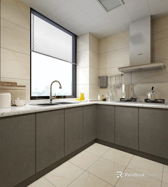 Modern Kitchen Ceiling Grille Lights With Gray Cabinets And White Countertops 3d model 
