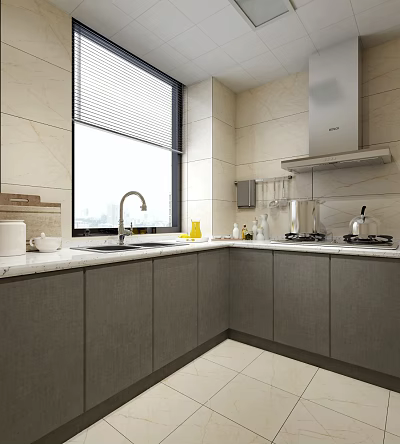 Modern Kitchen Ceiling Grille Lights With Gray Cabinets And White Countertops 3d model