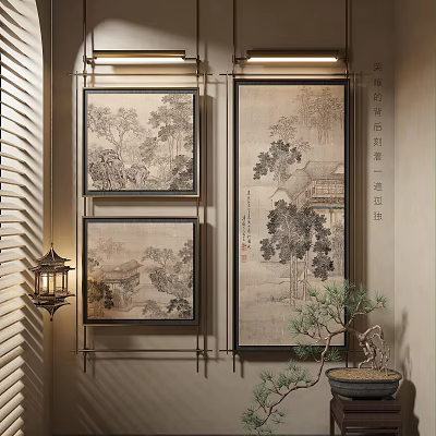 Traditional Chinese Landscape Paintings Hanging on Wall With Lantern and Potted Plant Decor 3d model