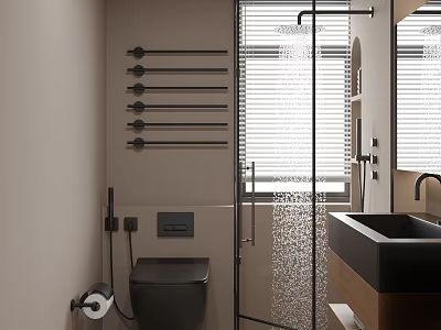 Modern Bathroom Interior With Black Toilet Glass Shower Wooden Sink And Wall Mounted Towel Rack 3d model
