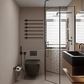 Modern Bathroom Interior With Black Toilet Glass Shower Wooden Sink And Wall Mounted Towel Rack