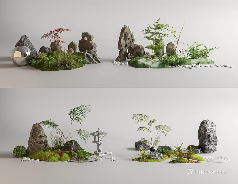 Decorative Plant Arrangement With Natural Stones Moss And Small Lantern Ornaments 3d model 