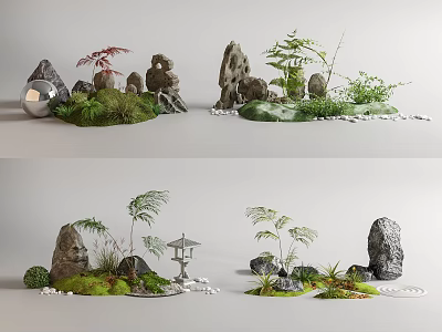Decorative Plant Arrangement With Natural Stones Moss And Small Lantern Ornaments 3d model