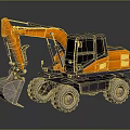 Yellow Wheel Excavator With Large Bucket And Black Cabin On Reflective Surface