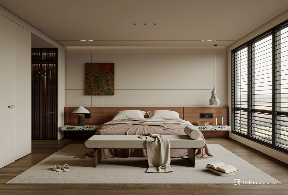 Modern Bedroom Interior With Comfortable Bed Bedside Tables Artwork Bench And Window Blinds 3d model